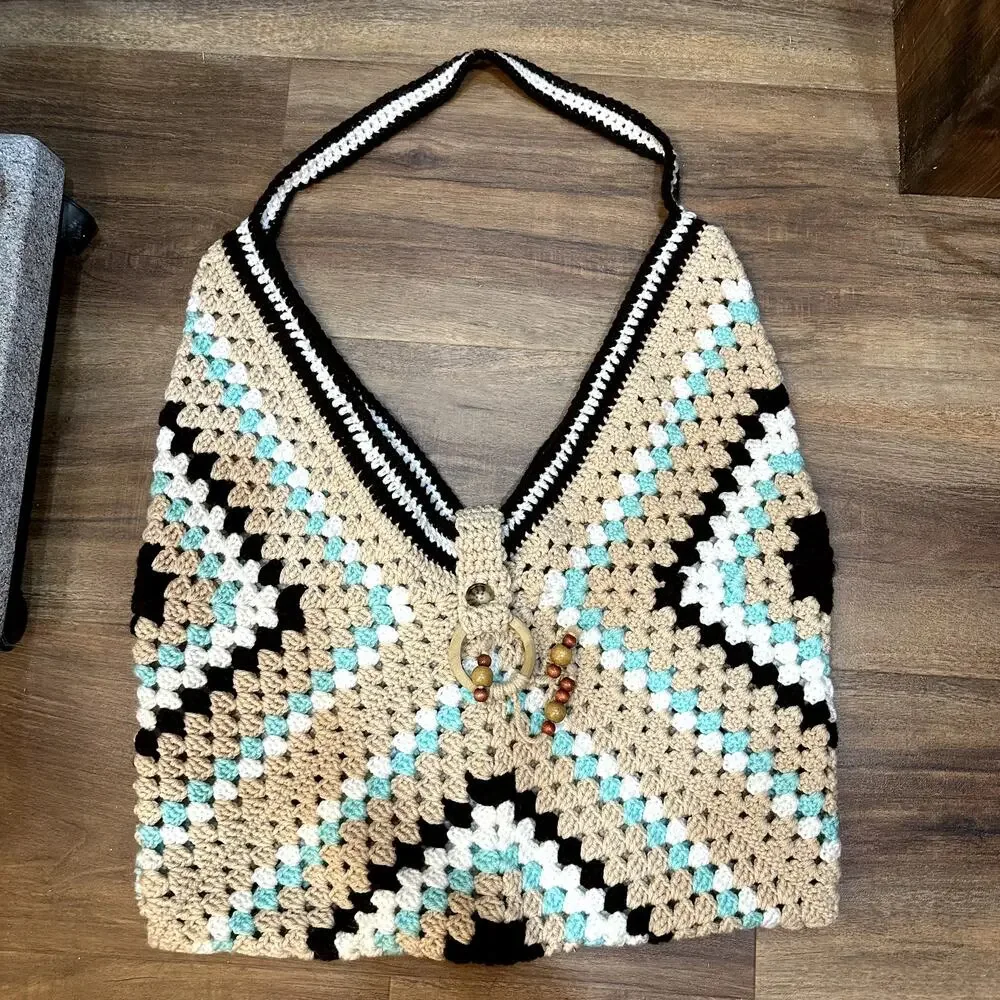 Hand Knit Crochet Granny Square Bag Beaded Accent Boho Retro Y2K Festival Tote